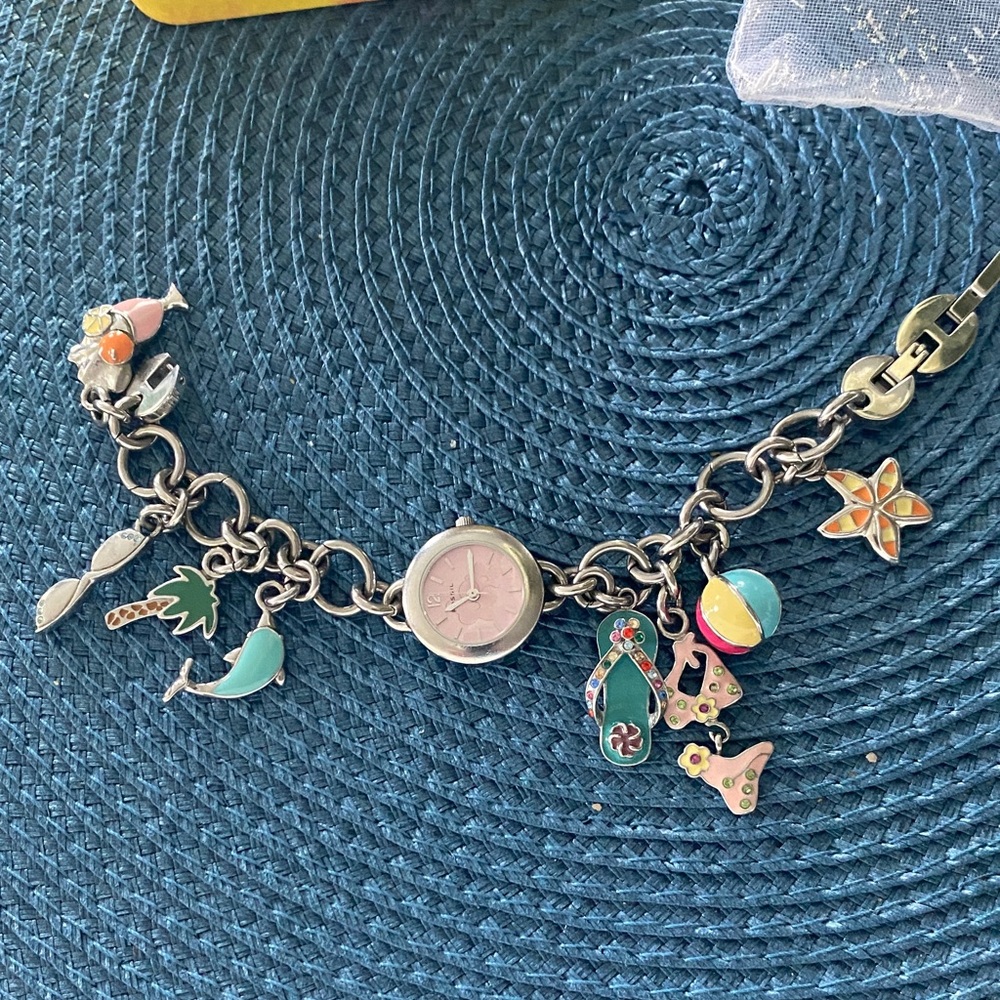 Fossil Silver Charm Bracelet with Pink and Turquoise Enamel Accents